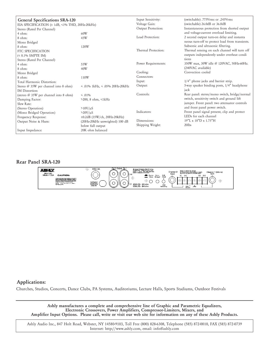 Ashly specifications Rear Panel SRA-120 Applications, General Specifications SRA-120, FTC Specification 