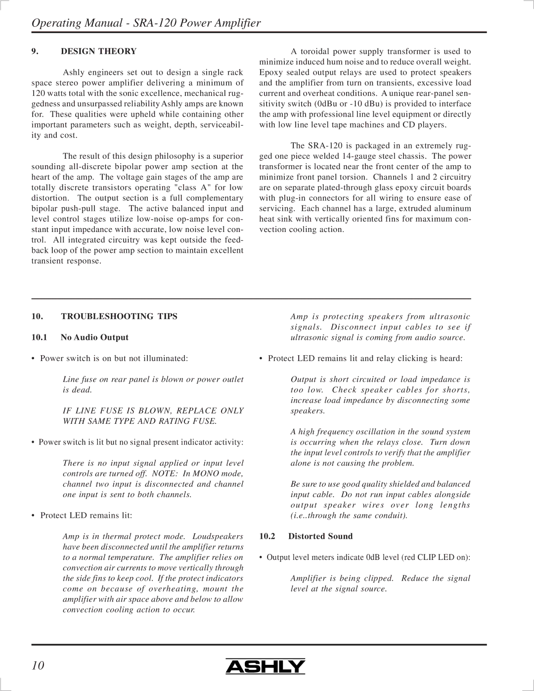 Ashly SRA-120 manual Design Theory, Troubleshooting Tips, No Audio Output, Distorted Sound 