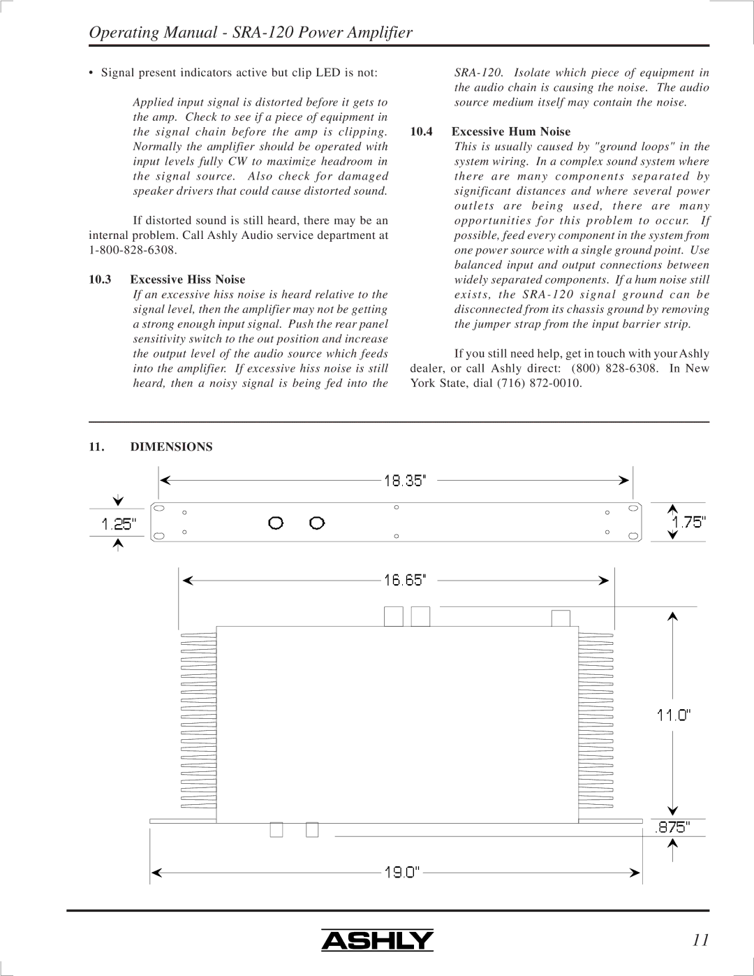 Ashly SRA-120 manual Excessive Hiss Noise, Excessive Hum Noise, Dimensions 