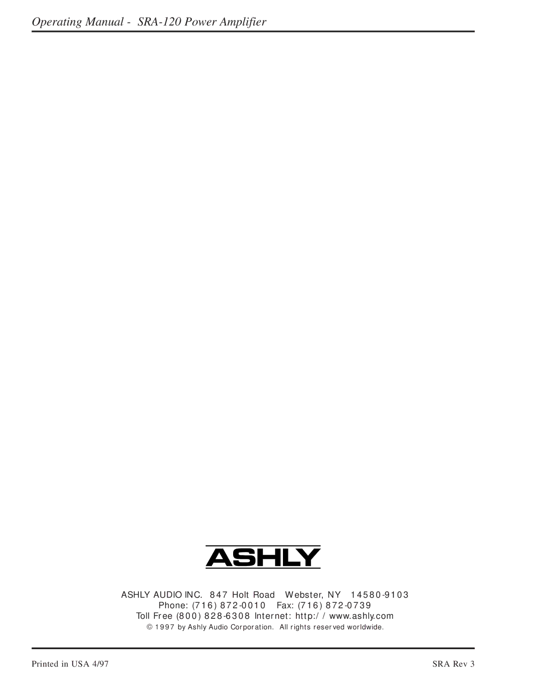 Ashly SRA-120 manual SRA Rev 