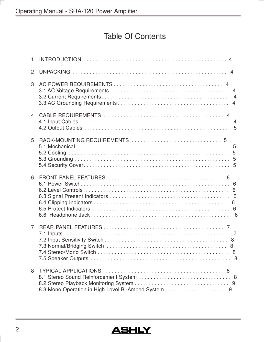 Ashly SRA-120 manual Table Of Contents 