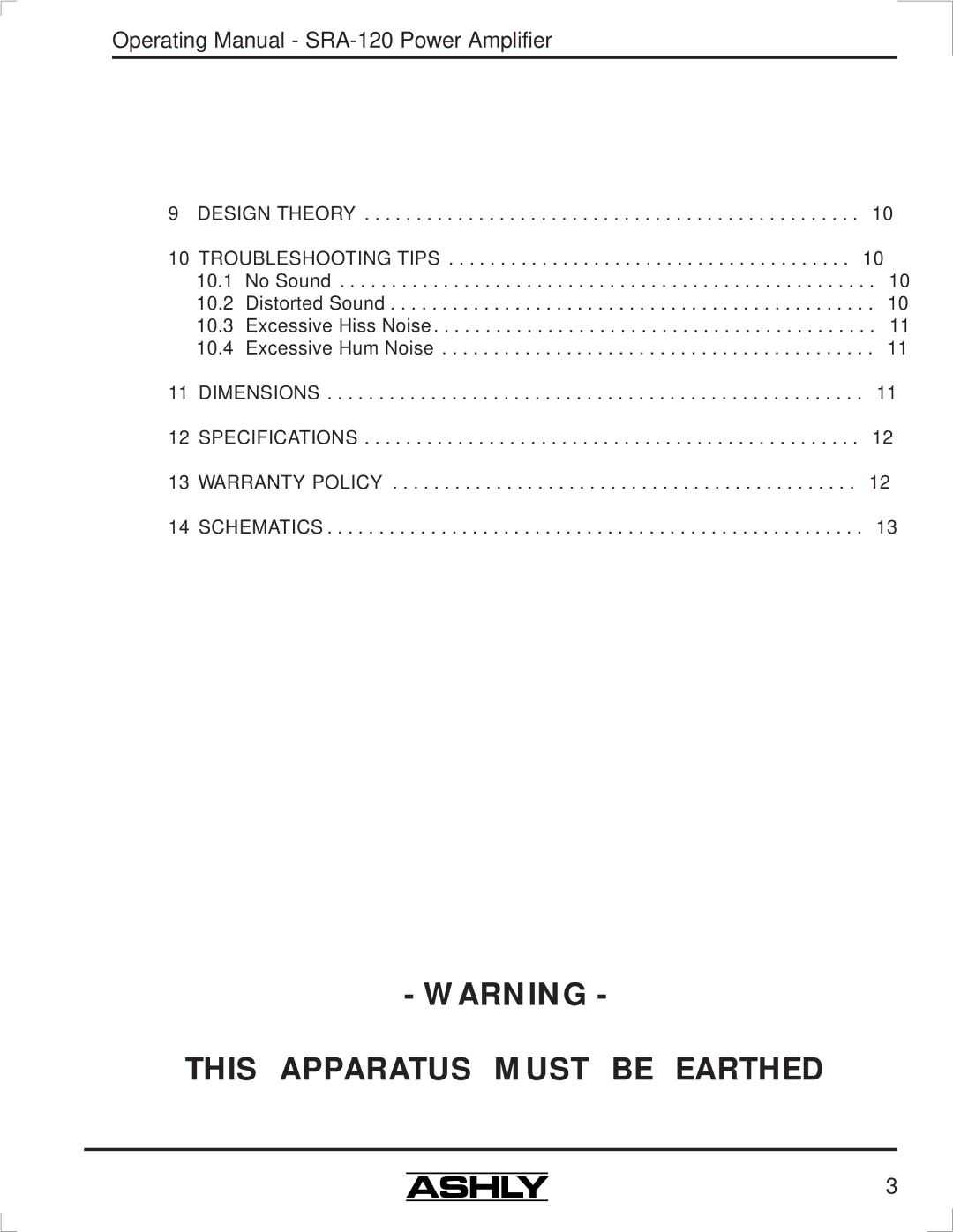 Ashly SRA-120 manual This Apparatus Must be Earthed 