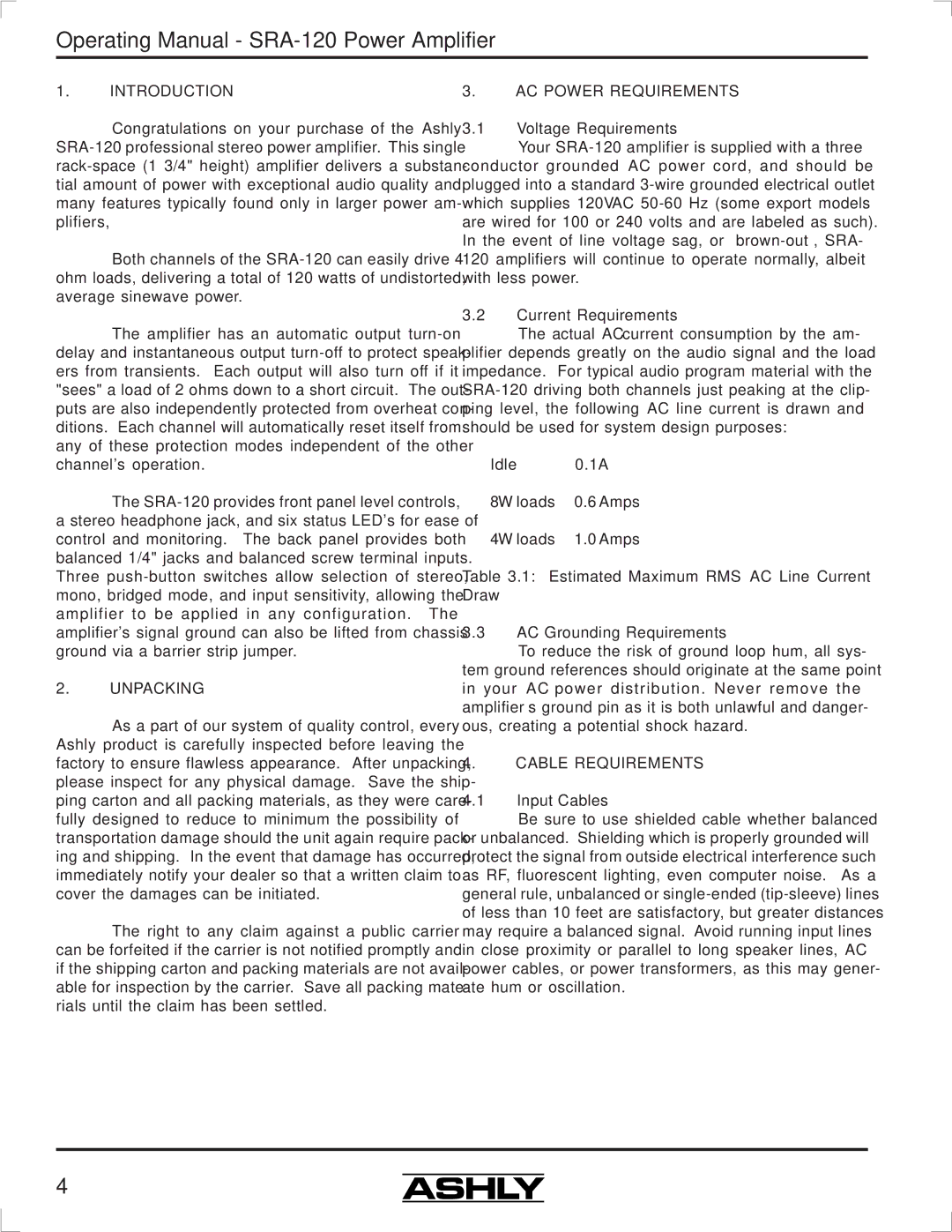 Ashly SRA-120 manual Introduction, Unpacking, AC Power Requirements, Cable Requirements 