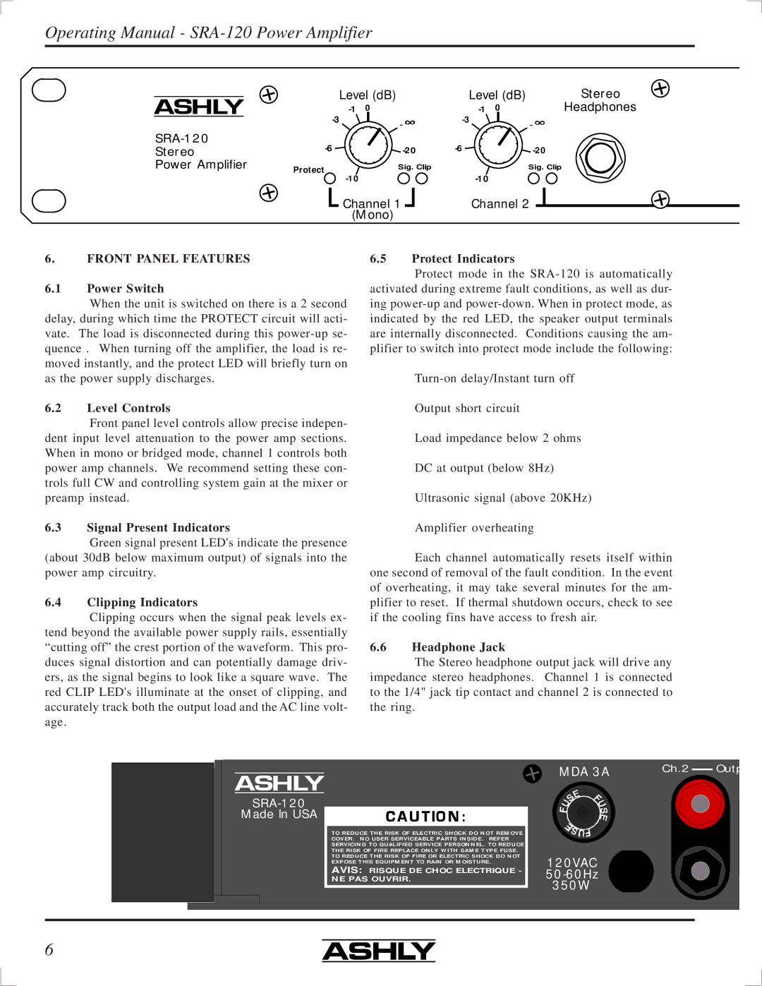 Ashly SRA-120 manual Front Panel Features 