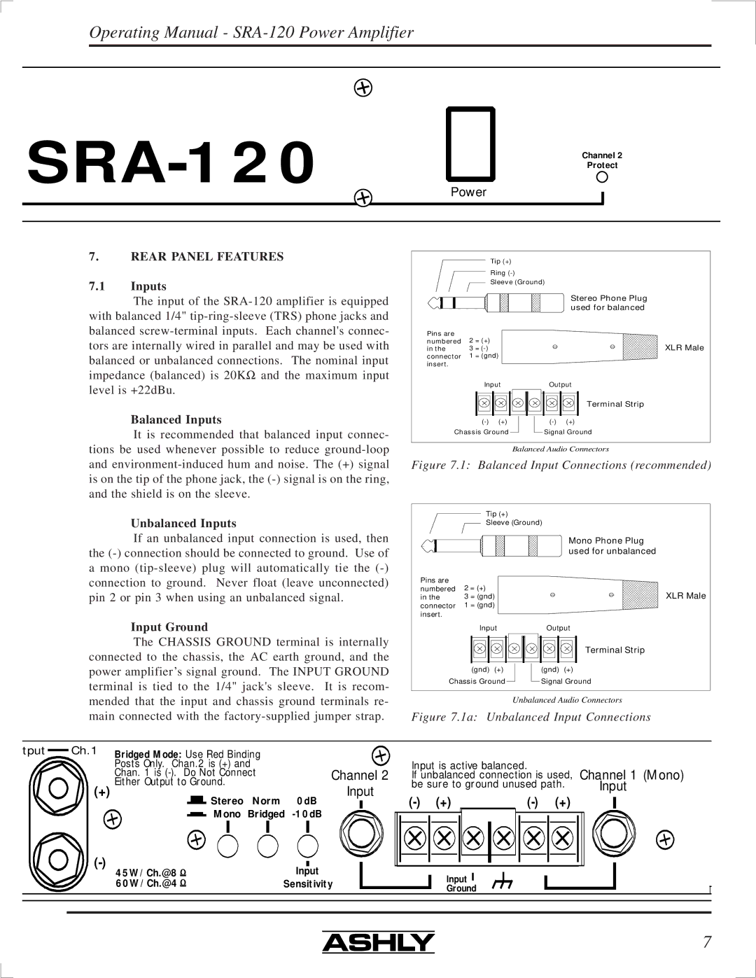 Ashly SRA-120 manual Rear Panel Features, Balanced Inputs, Unbalanced Inputs, Input Ground 