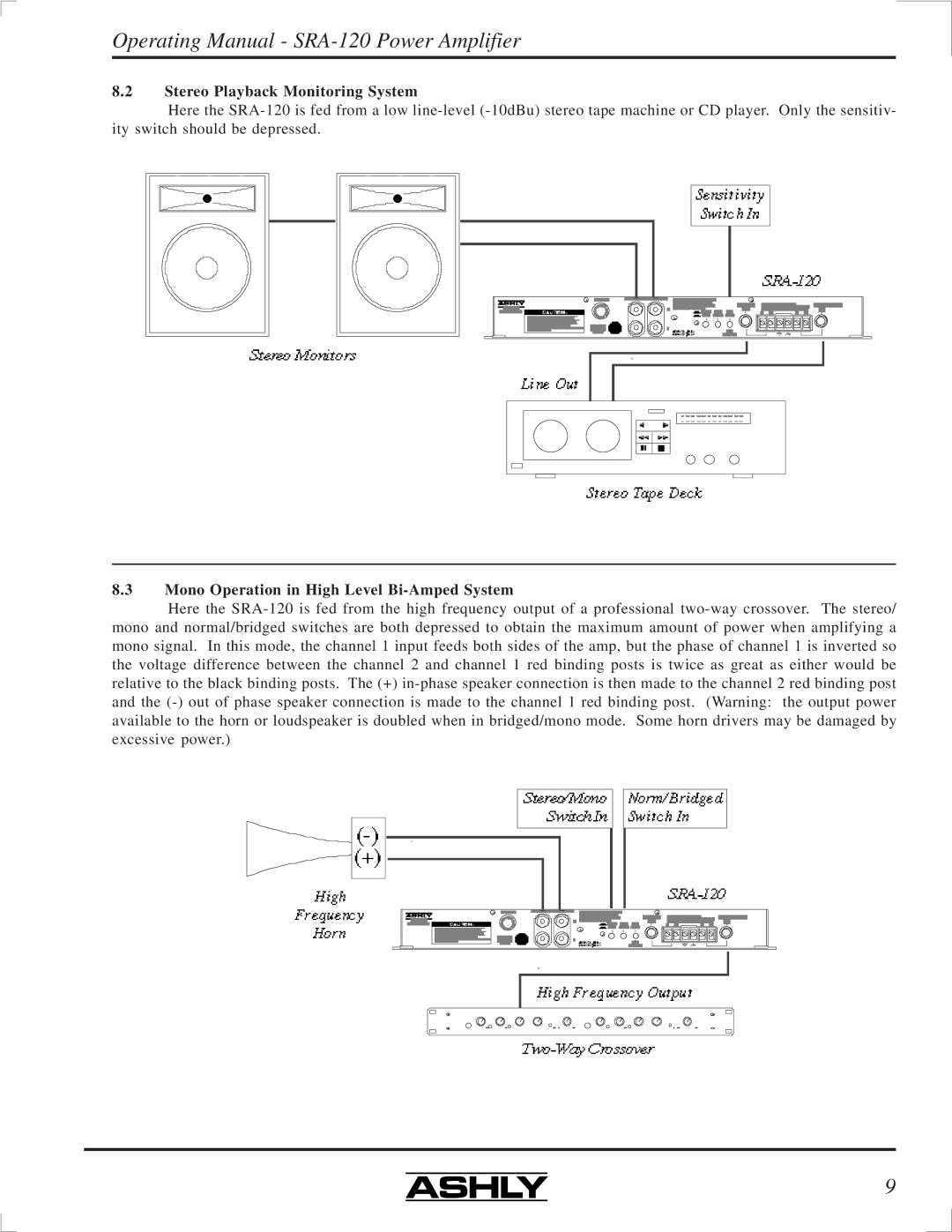 Ashly SRA-120 manual Stereo Playback Monitoring System, Mono Operation in High Level Bi-Amped System 