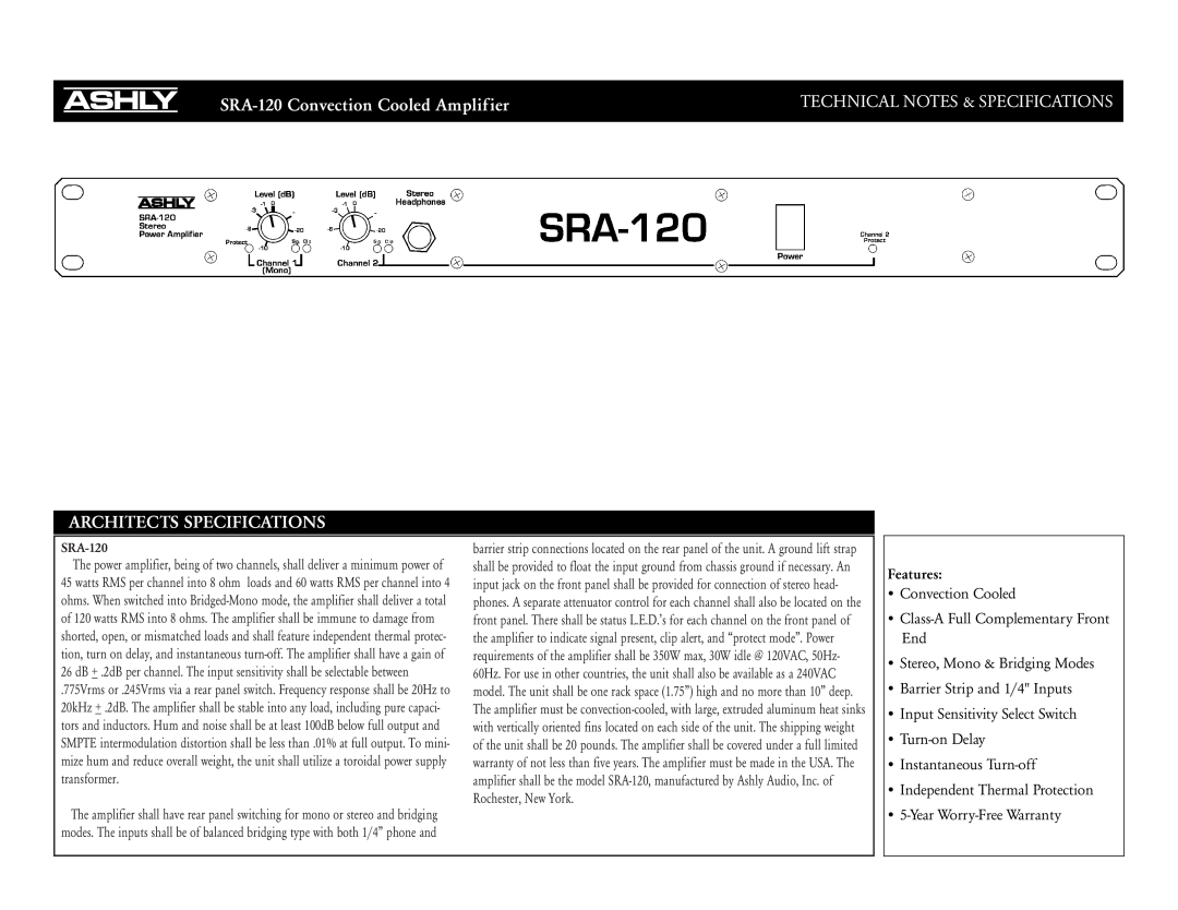 Ashly SRA-120 manual Operating Manual, Power Amplifier, Ashly Audio Inc, Holt Road, Webster, NY, Phone, Level dB, Stereo 