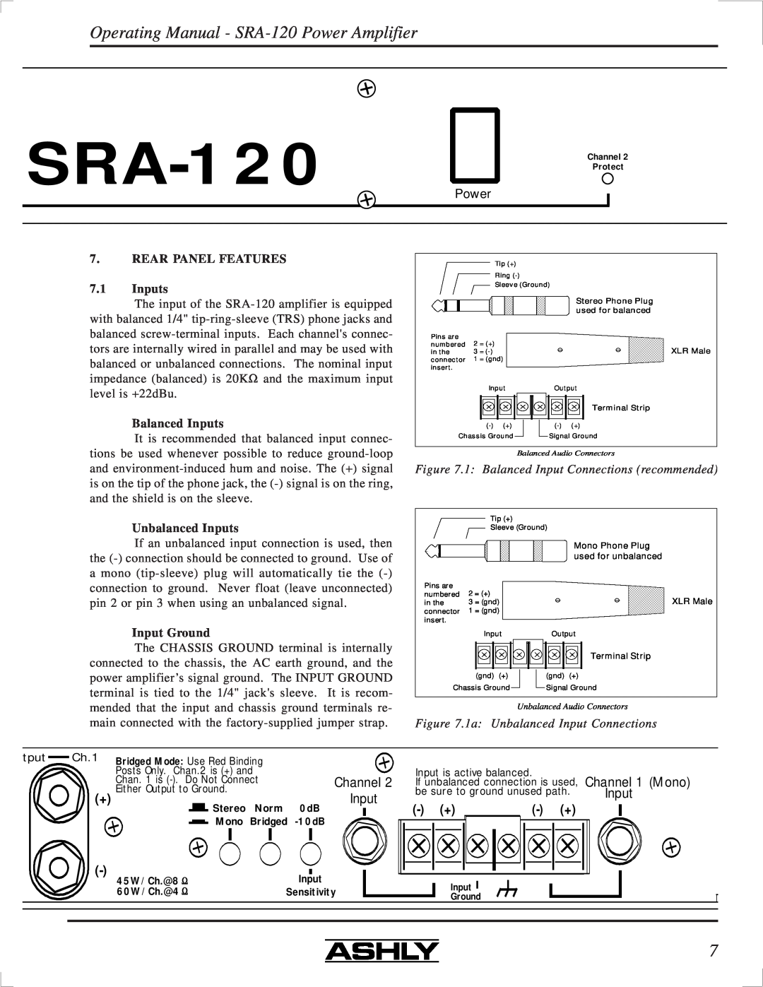 Ashly Operating Manual - SRA-120Power Amplifier, REAR PANEL FEATURES 7.1Inputs, Balanced Inputs, Unbalanced Inputs 