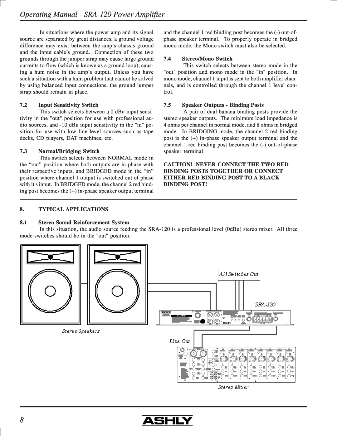 Ashly manual Operating Manual - SRA-120Power Amplifier, 7.2Input Sensitivity Switch, 7.3Normal/Bridging Switch 