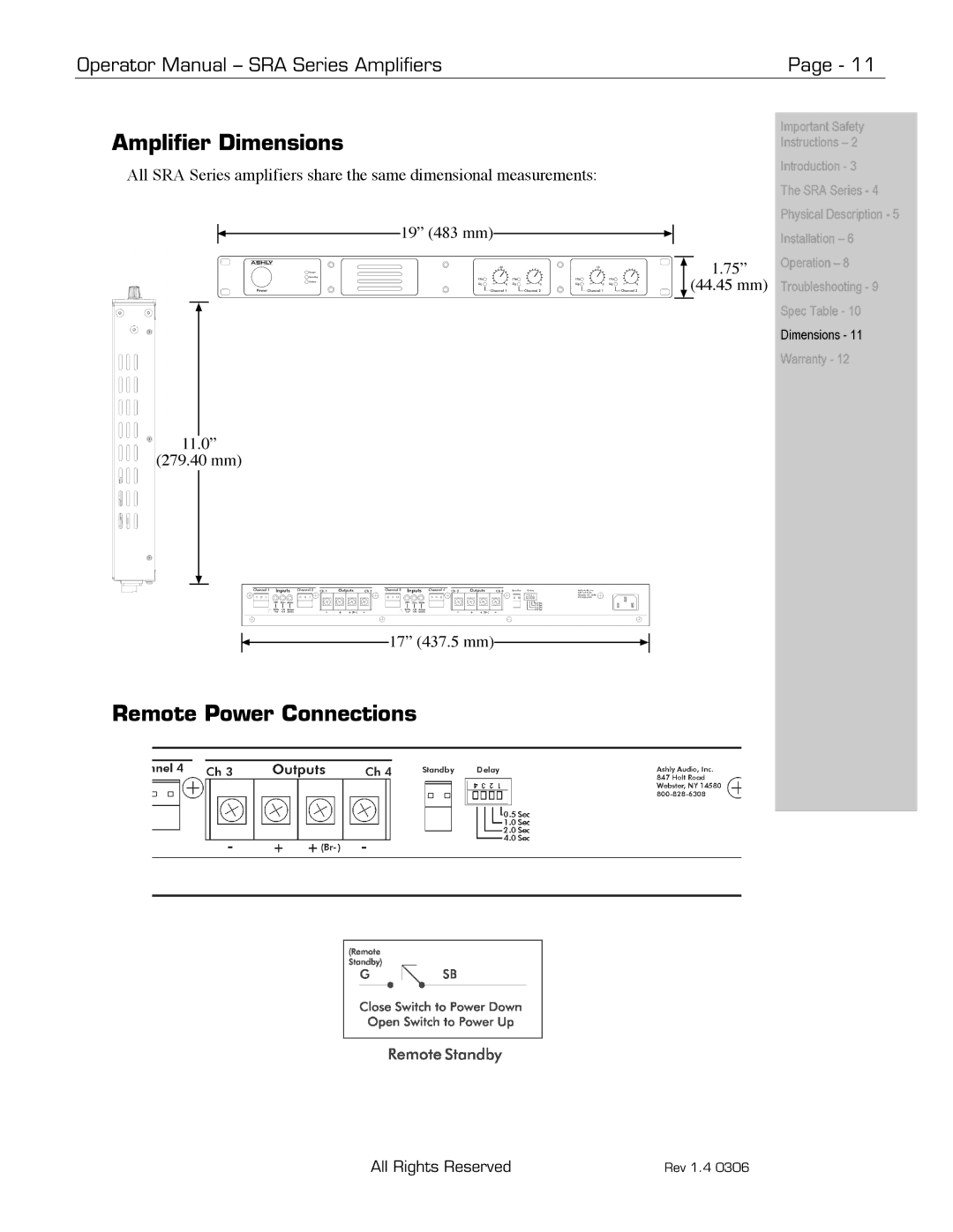 Ashly SRA-Series manual Amplifier Dimensions, Remote Power Connections 