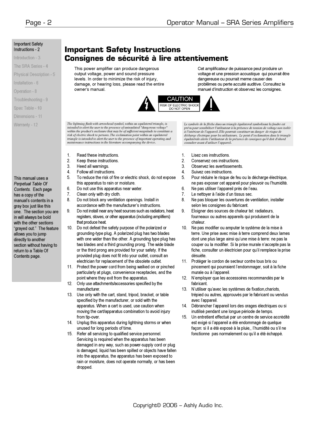 Ashly SRA-Series manual Operator Manual SRA Series Amplifiers, Manuel d’instruction et observez les consignes 