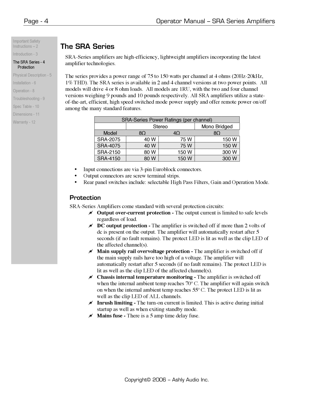 Ashly SRA-Series manual SRA Series, Protection 