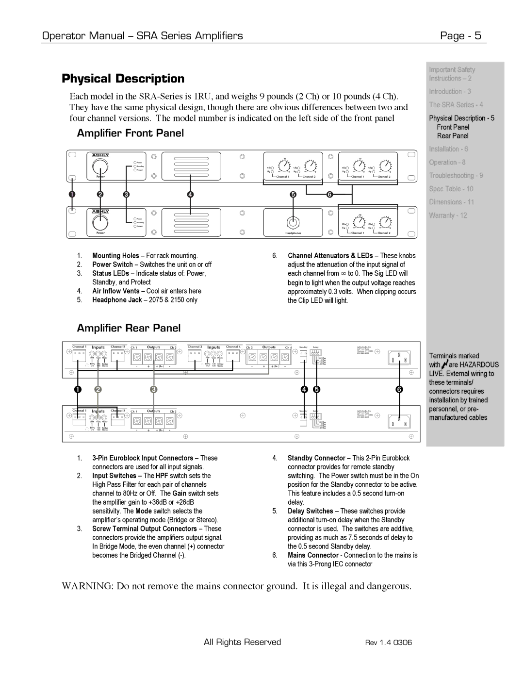 Ashly SRA-Series manual Physical Description, Amplifier Front Panel, Amplifier Rear Panel 