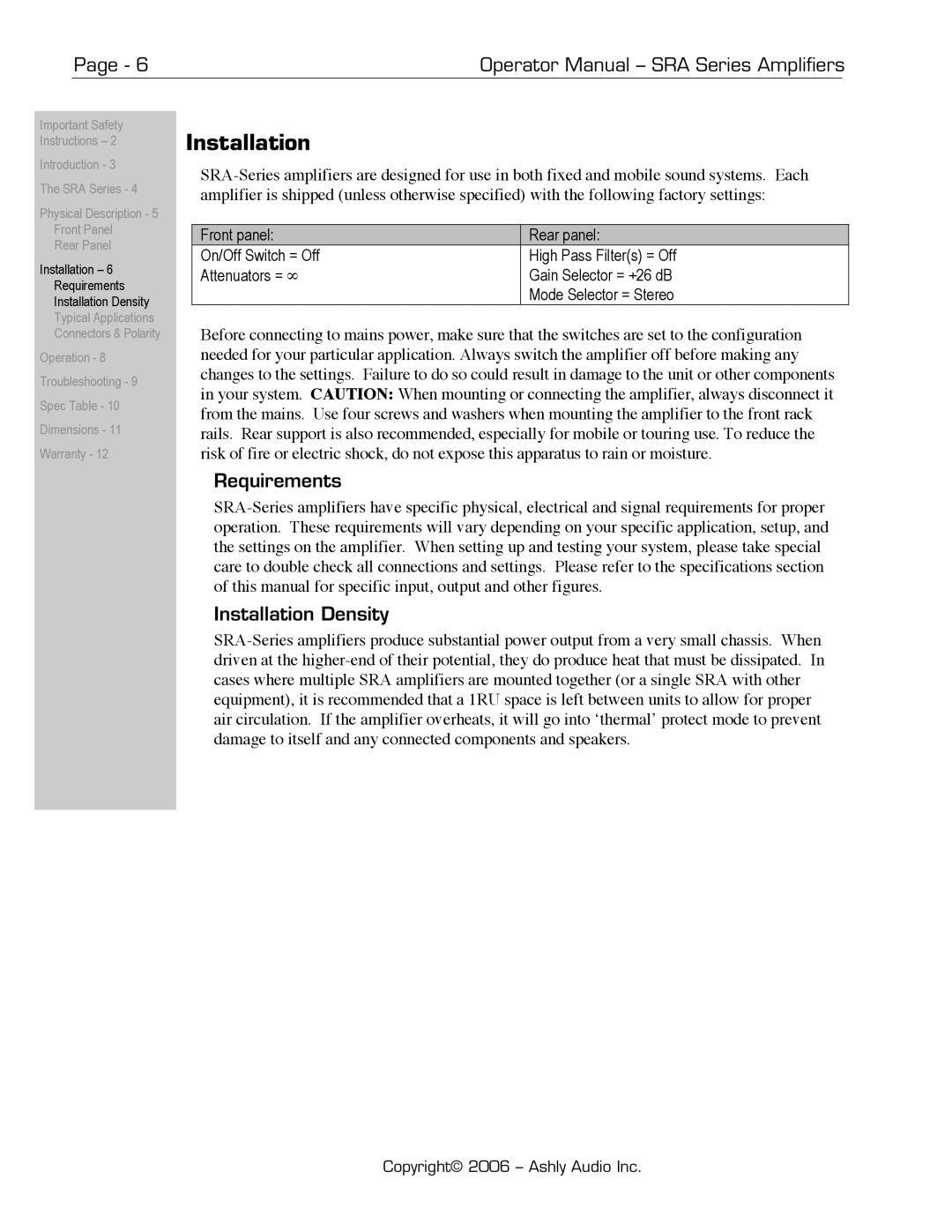 Ashly SRA-Series manual Requirements, Installation Density 