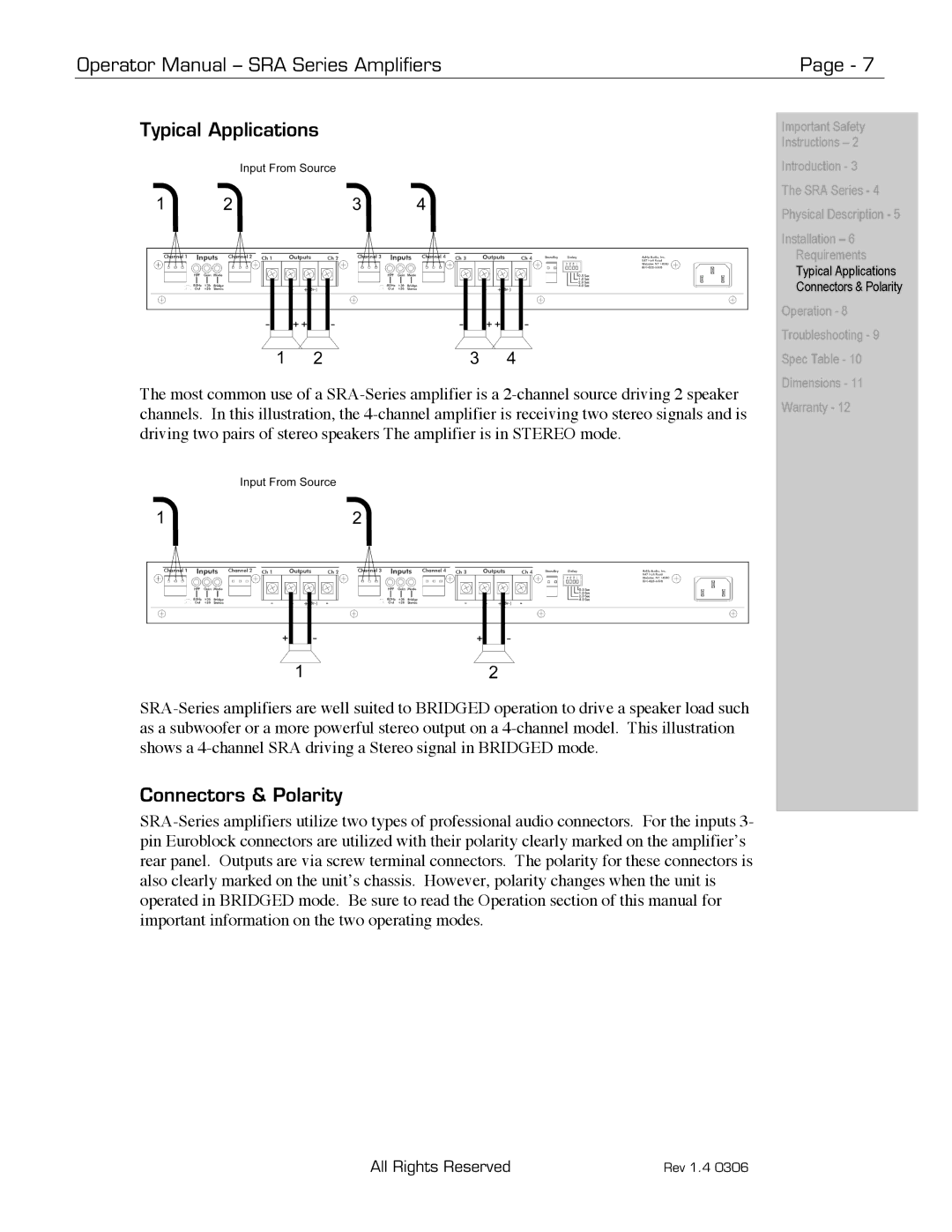 Ashly SRA-Series manual Operator Manual SRA Series Amplifiers Typical Applications, Connectors & Polarity 