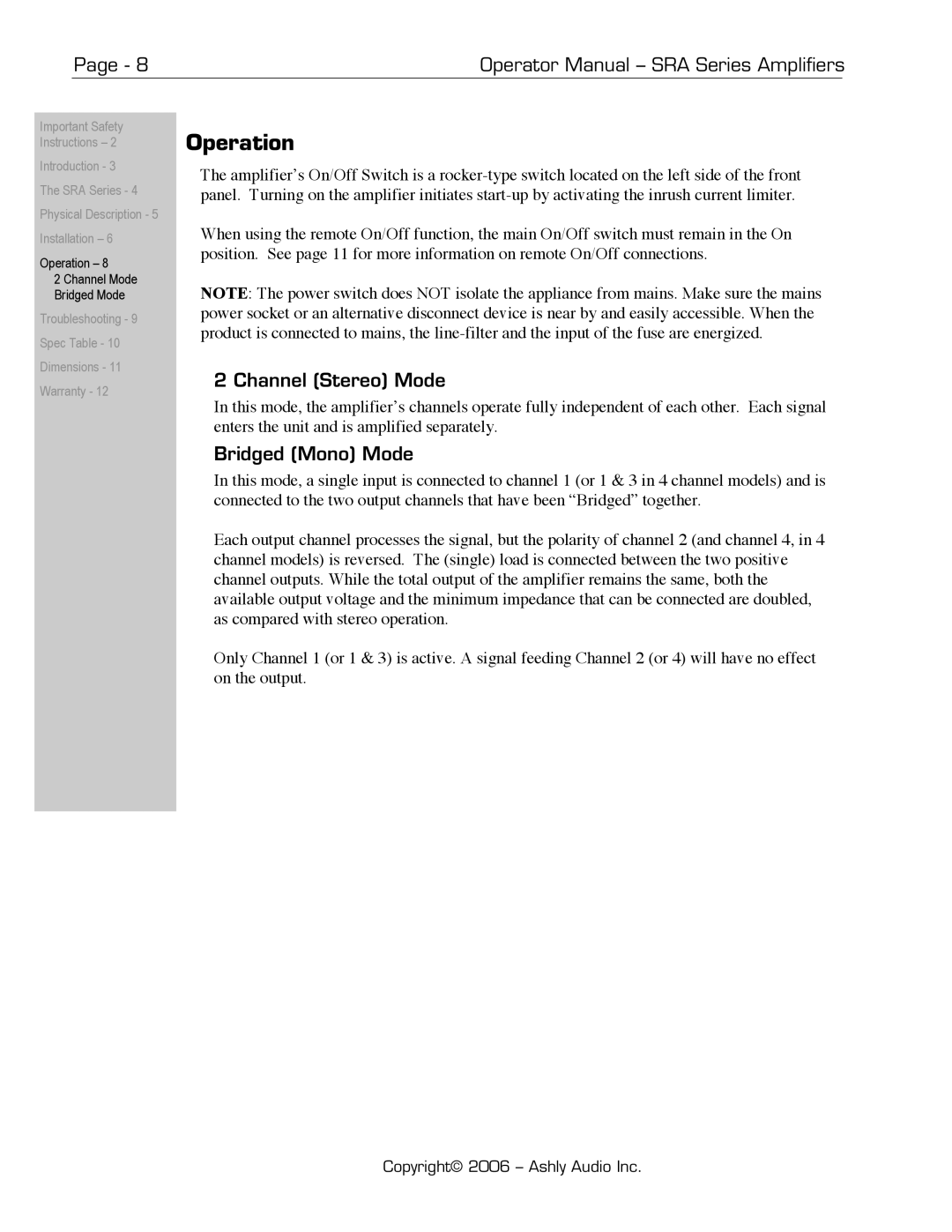 Ashly SRA-Series manual Operation, Channel Stereo Mode, Bridged Mono Mode 