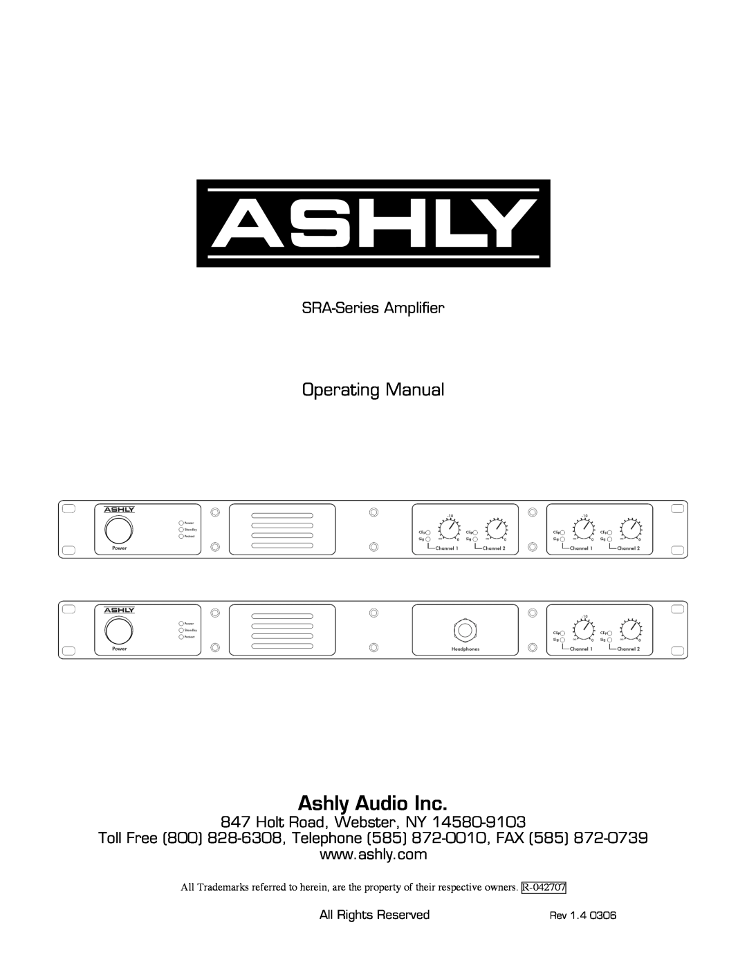 Ashly manual Operating Manual, SRA-SeriesAmplifier, Holt Road, Webster, NY, Ashly Audio Inc 