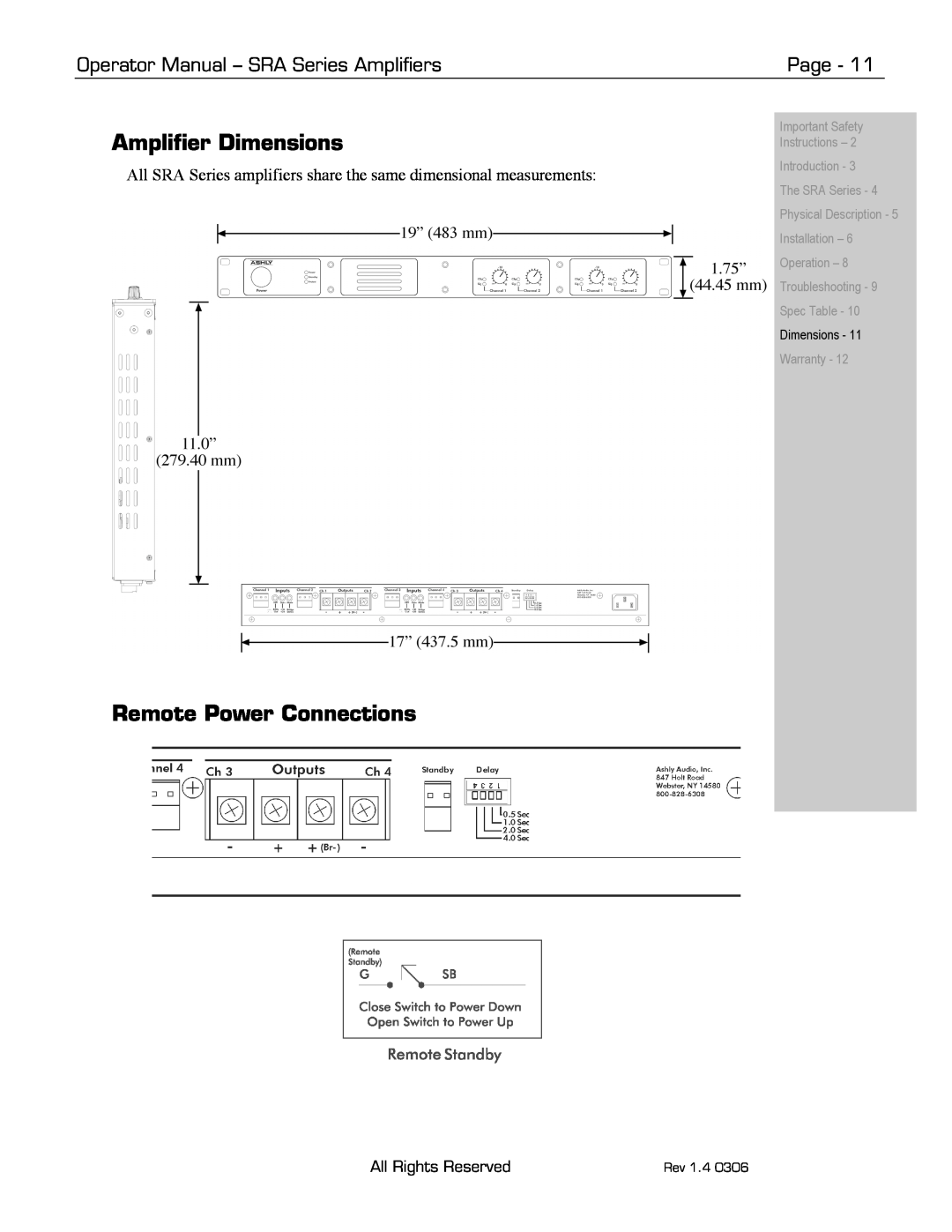 Ashly SRA-Series Amplifier Dimensions, Remote Power Connections, Operator Manual - SRA Series Amplifiers, Page, Spec Table 