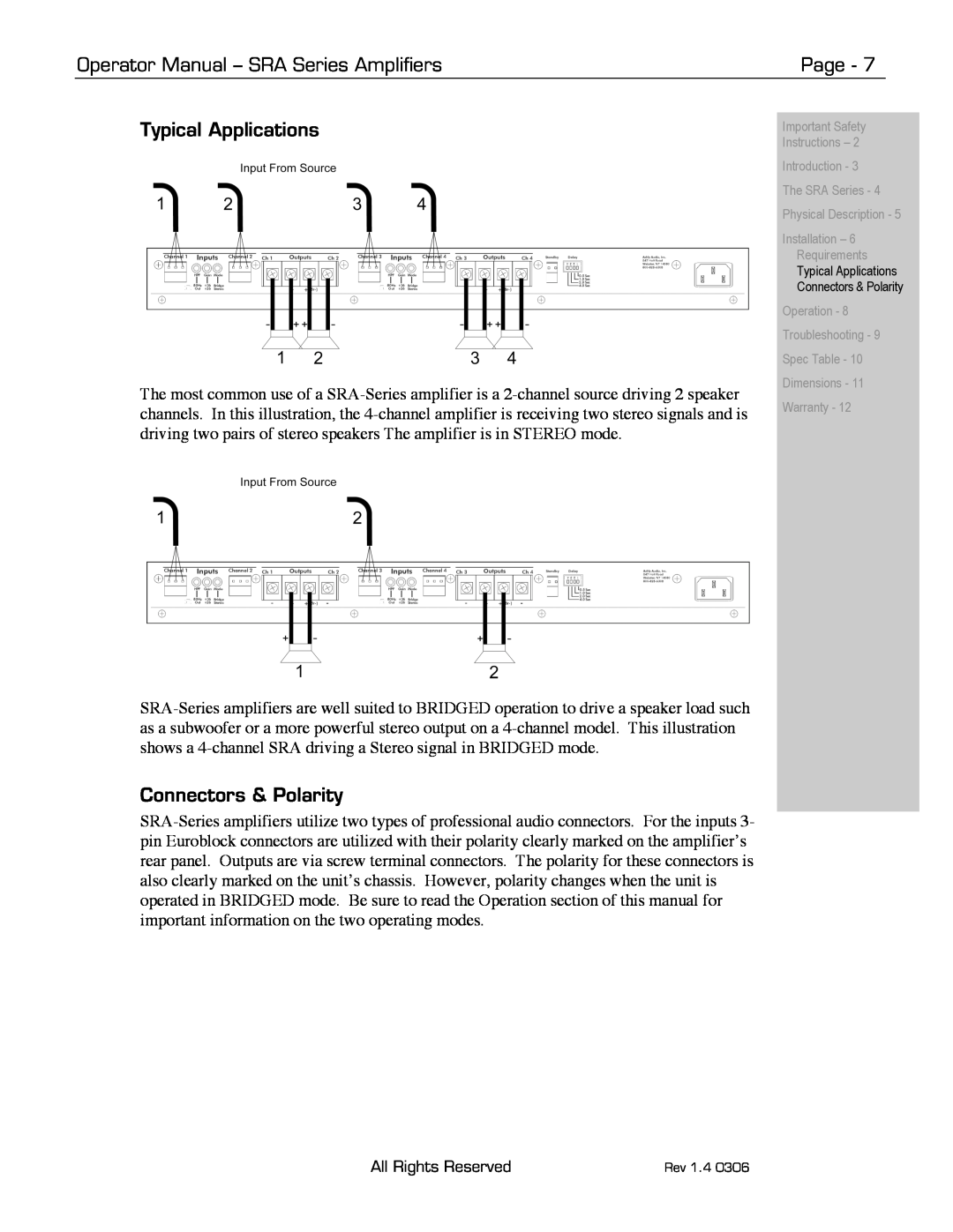 Ashly SRA-Series manual Typical Applications, Connectors & Polarity, Operator Manual - SRA Series Amplifiers, Page 