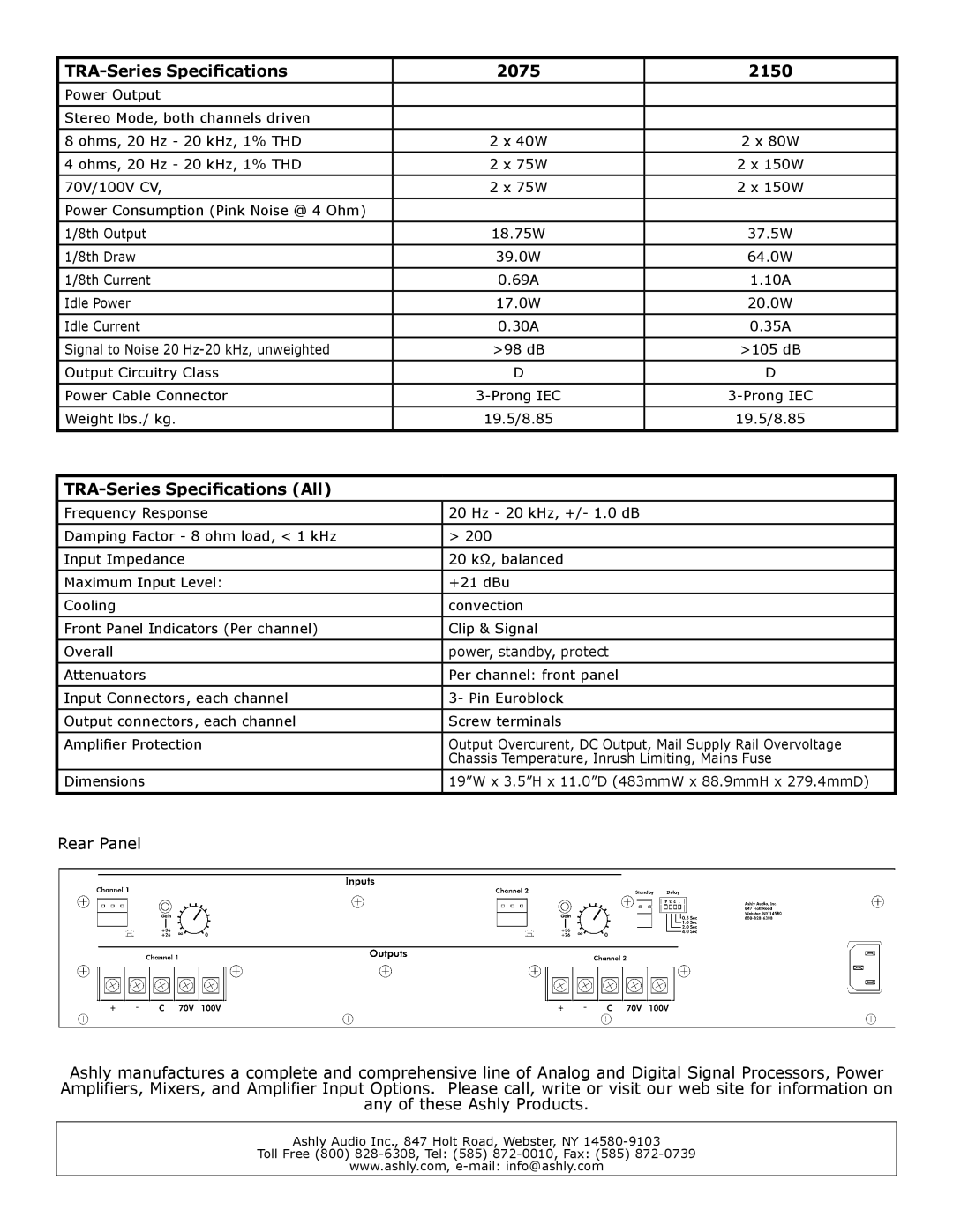 Ashly TRA-2150, TRA-2075 specifications TRA-Series Specifications 2075 2150, TRA-Series Specifications All 