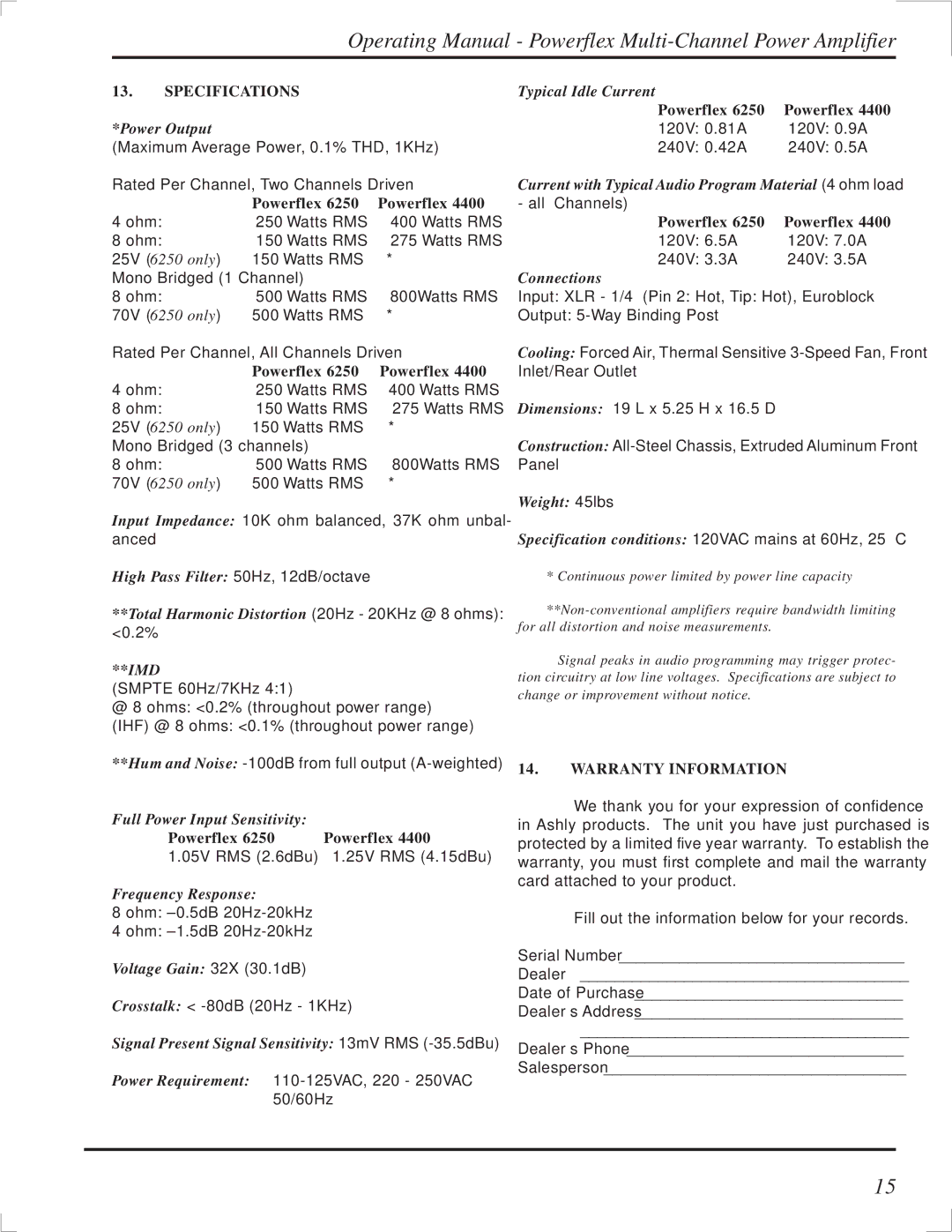 Ashly TRA-4150 manual Specifications, Warranty Information 