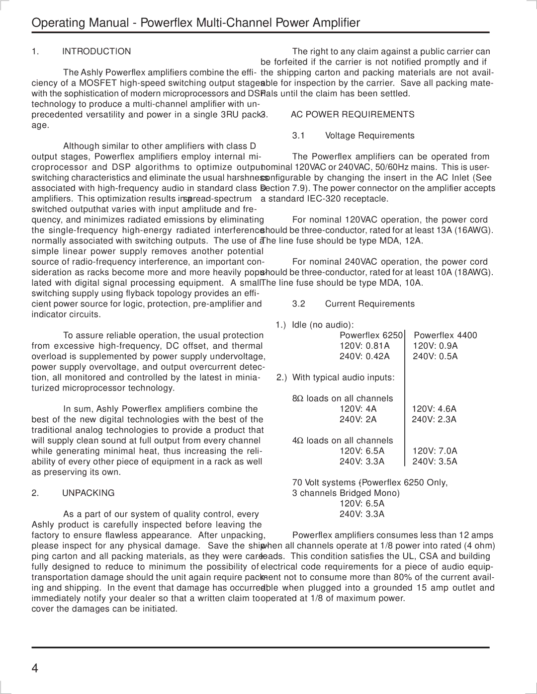 Ashly TRA-4150 manual Introduction, AC Power Requirements, Unpacking 