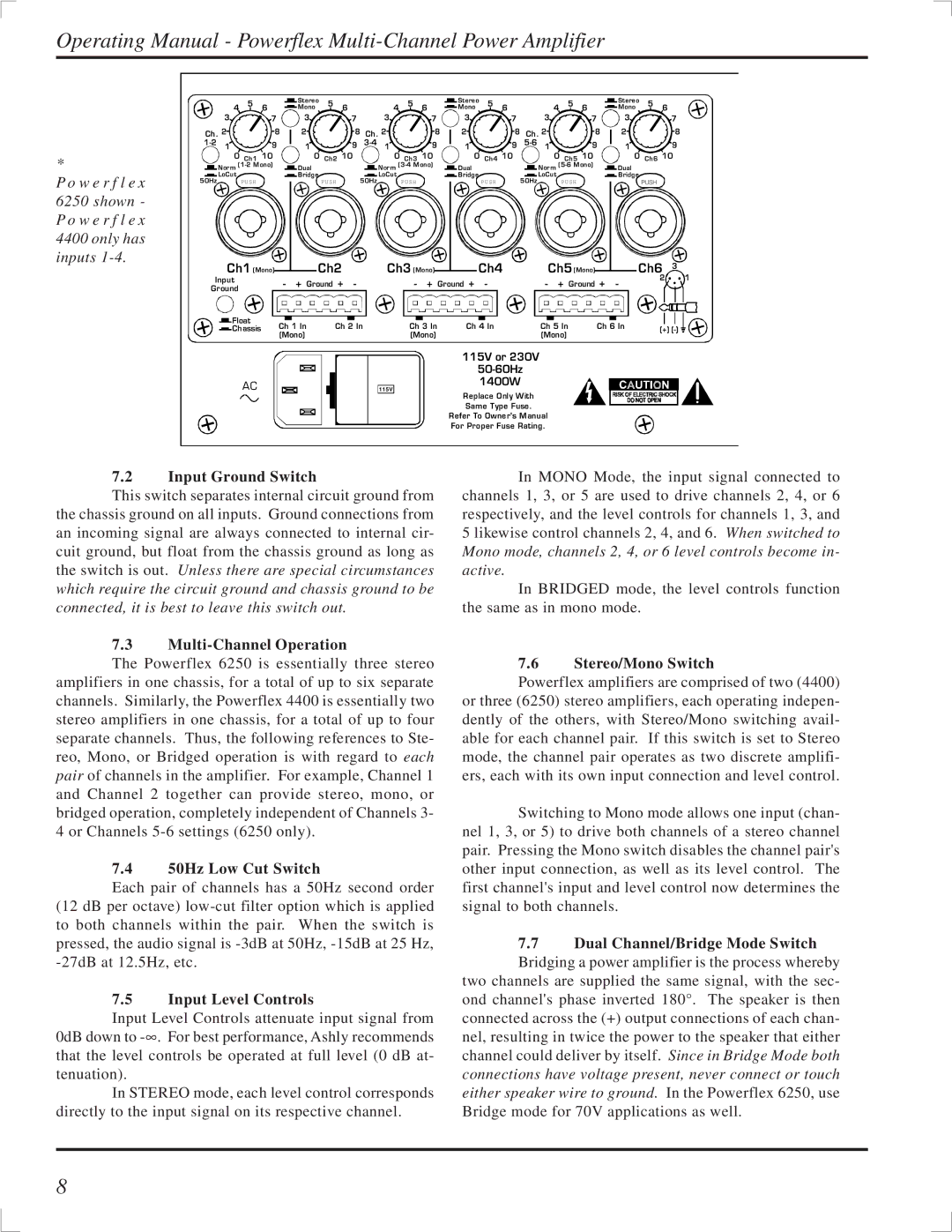 Ashly TRA-4150 Input Ground Switch, Multi-Channel Operation, 50Hz Low Cut Switch, Input Level Controls, Stereo/Mono Switch 