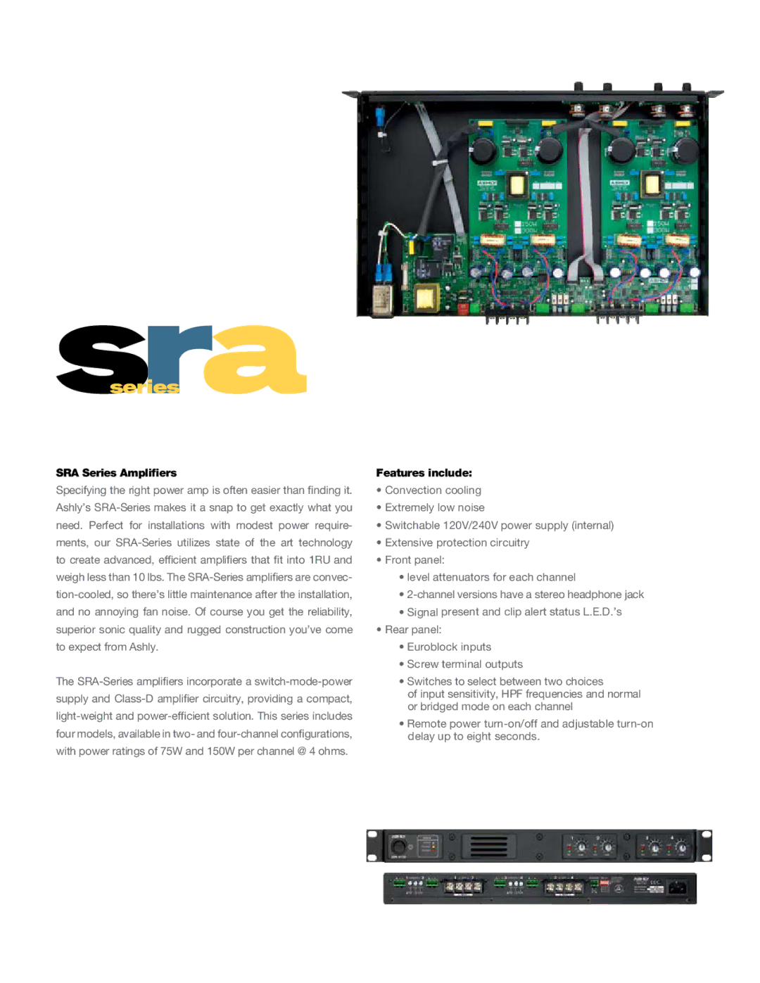 Ashly TRA Series manual SRA Series Amplifiers, Features include 