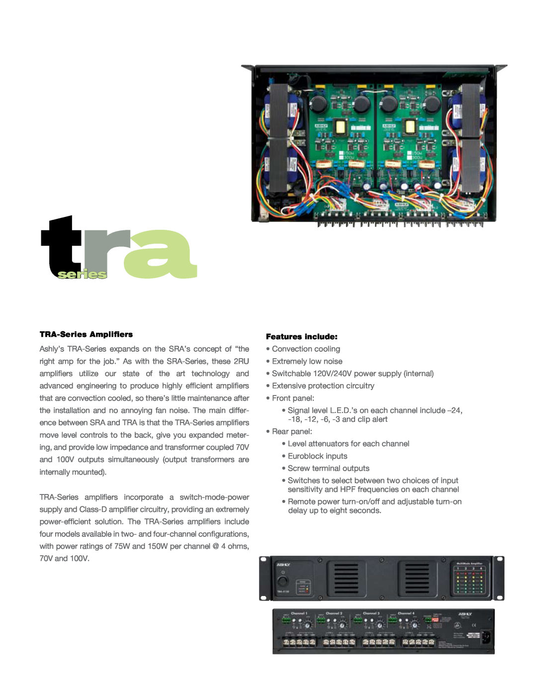 Ashly TRA Series manual TRA-SeriesAmplifiers, tseriesra, Features include 