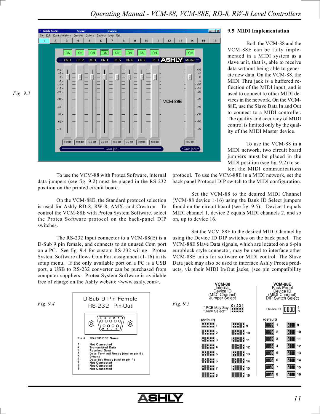 Ashly VCM-88E manual RS-232 Pin-Out 