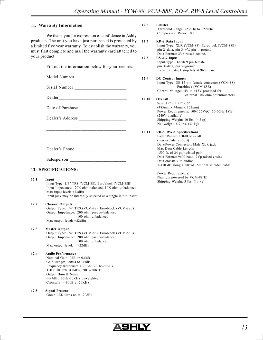 Ashly VCM-88E manual Specifications 