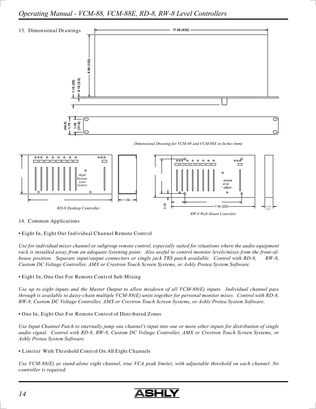 Ashly VCM-88E manual Dimensional Drawings 