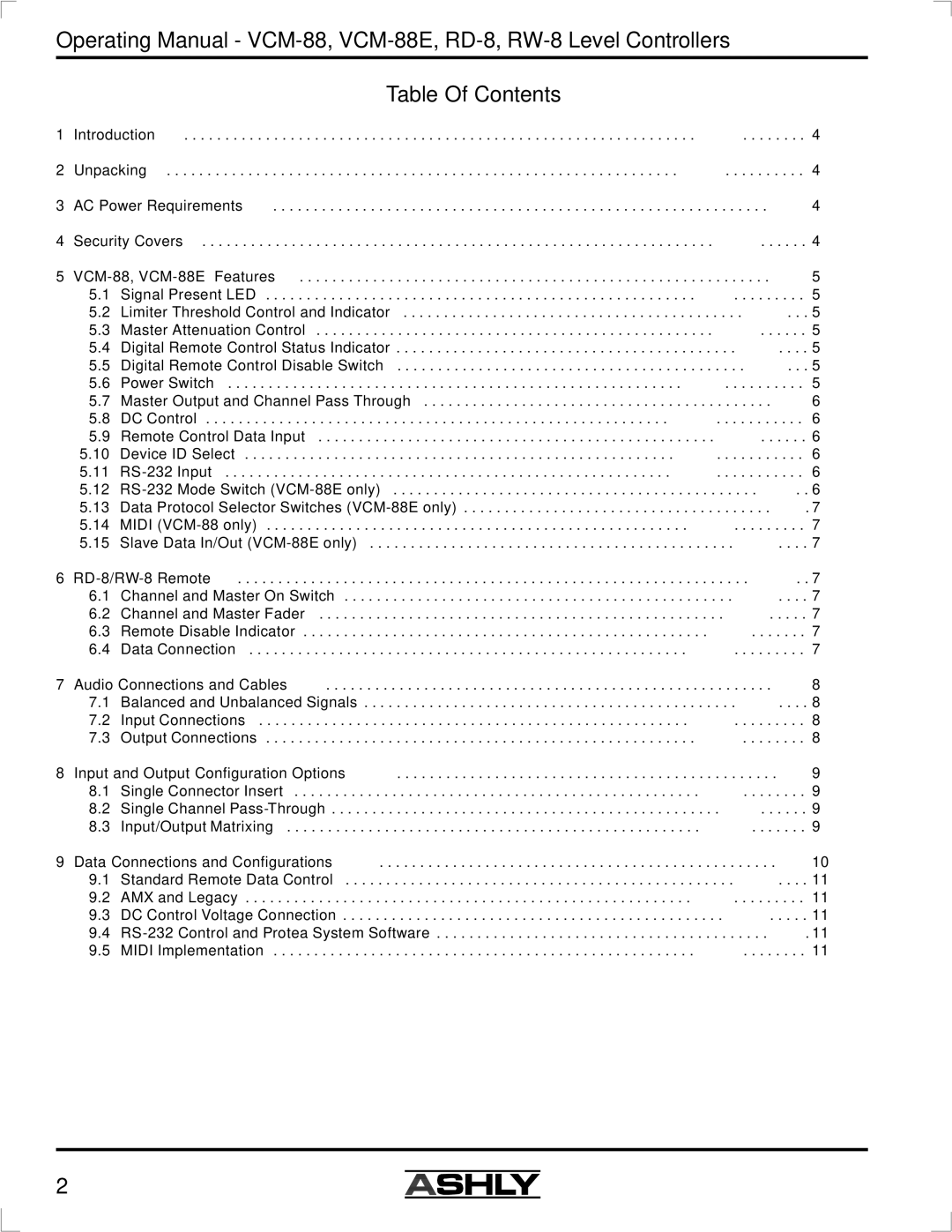 Ashly VCM-88E manual Table Of Contents 