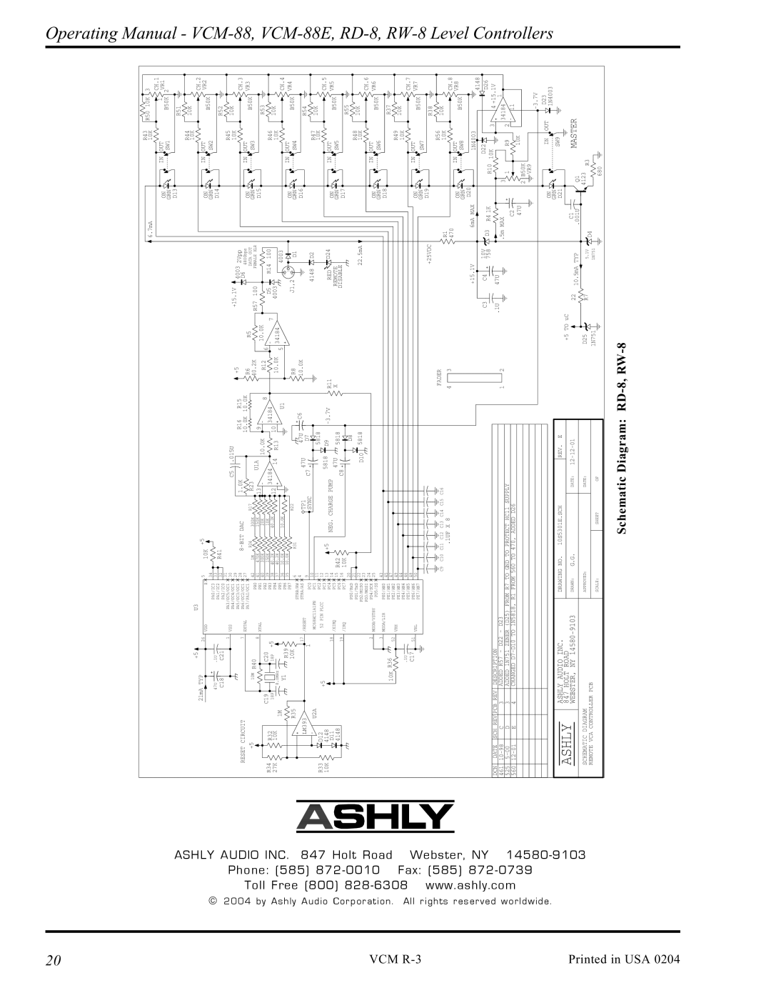 Ashly VCM-88E manual Operating 