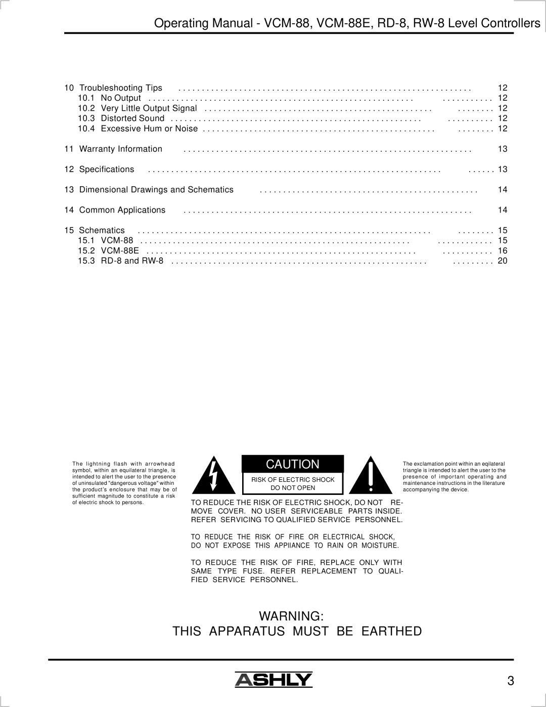 Ashly VCM-88E manual This Apparatus Must be Earthed 