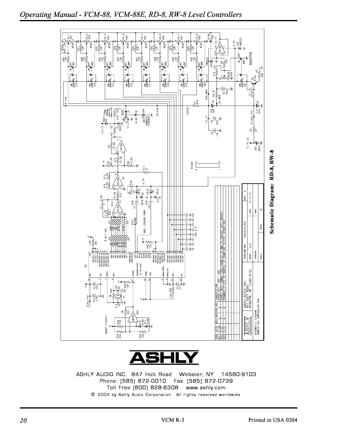 Ashly manual Operating, Manual, VCM-88E, RD-8, Level, 9103, Controllers, RW-8, Master, Ashly Audio Inc, Holt Road 
