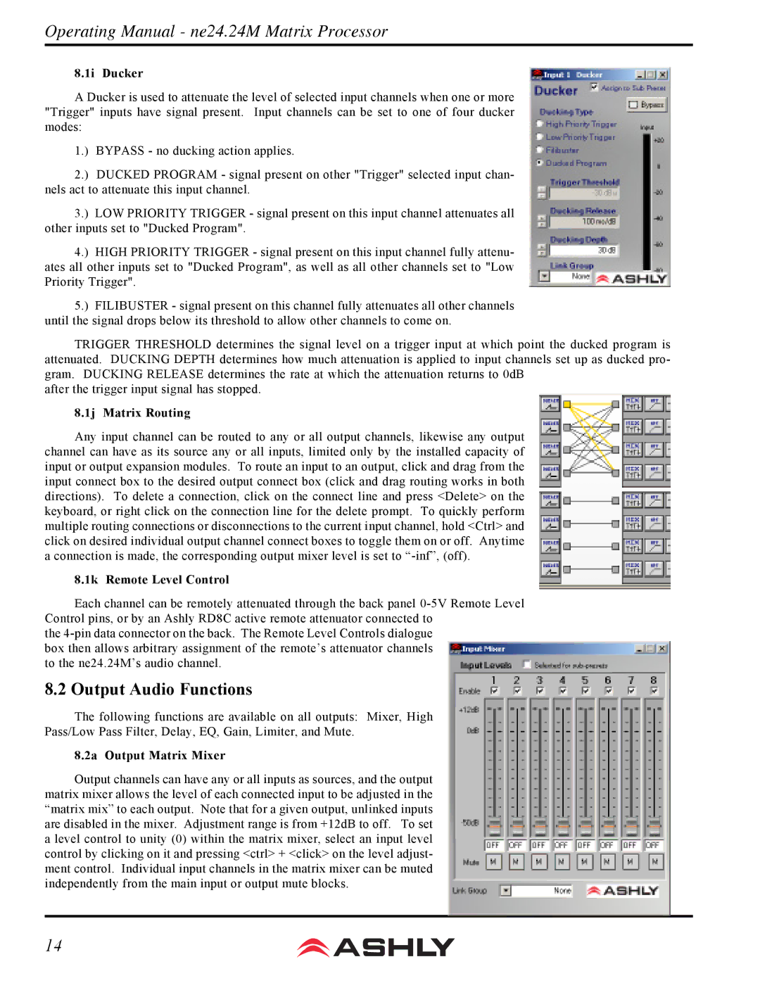 Ashly WR-1, WR-2 Output Audio Functions, 1i Ducker, 1j Matrix Routing, 1k Remote Level Control, 2a Output Matrix Mixer 