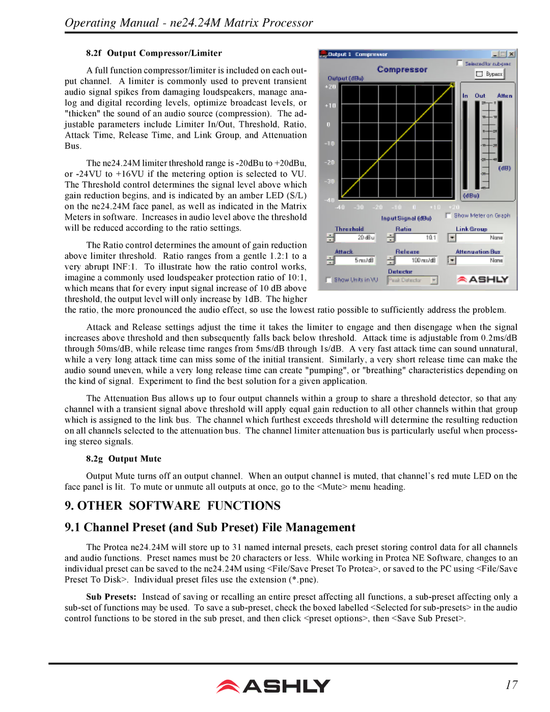 Ashly WR-1, WR-2 Other Software Functions, Channel Preset and Sub Preset File Management, 2f Output Compressor/Limiter 