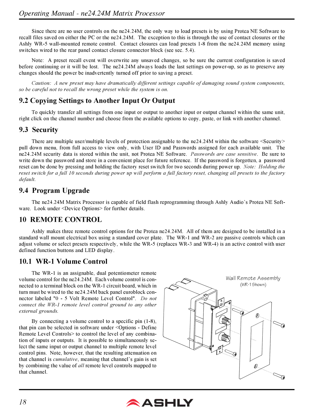 Ashly WR-2, WR-5, WR-1 manual Copying Settings to Another Input Or Output, Security, Program Upgrade, Remote Control 