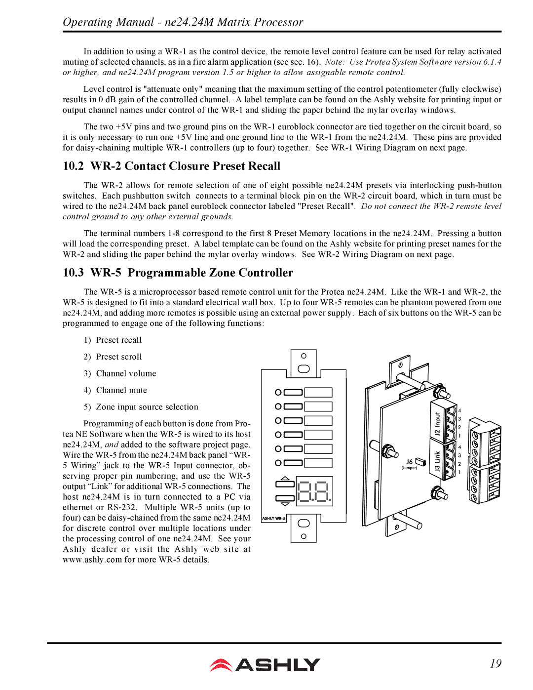 Ashly WR-1 manual 10.2 WR-2 Contact Closure Preset Recall, 10.3 WR-5 Programmable Zone Controller 