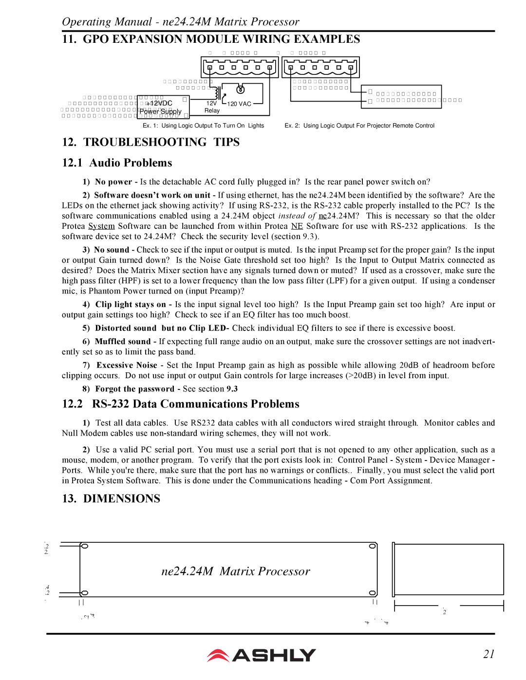 Ashly WR-2, WR-5, WR-1 manual GPO Expansion Module Wiring Examples, Troubleshooting Tips 12.1 Audio Problems, Dimensions 