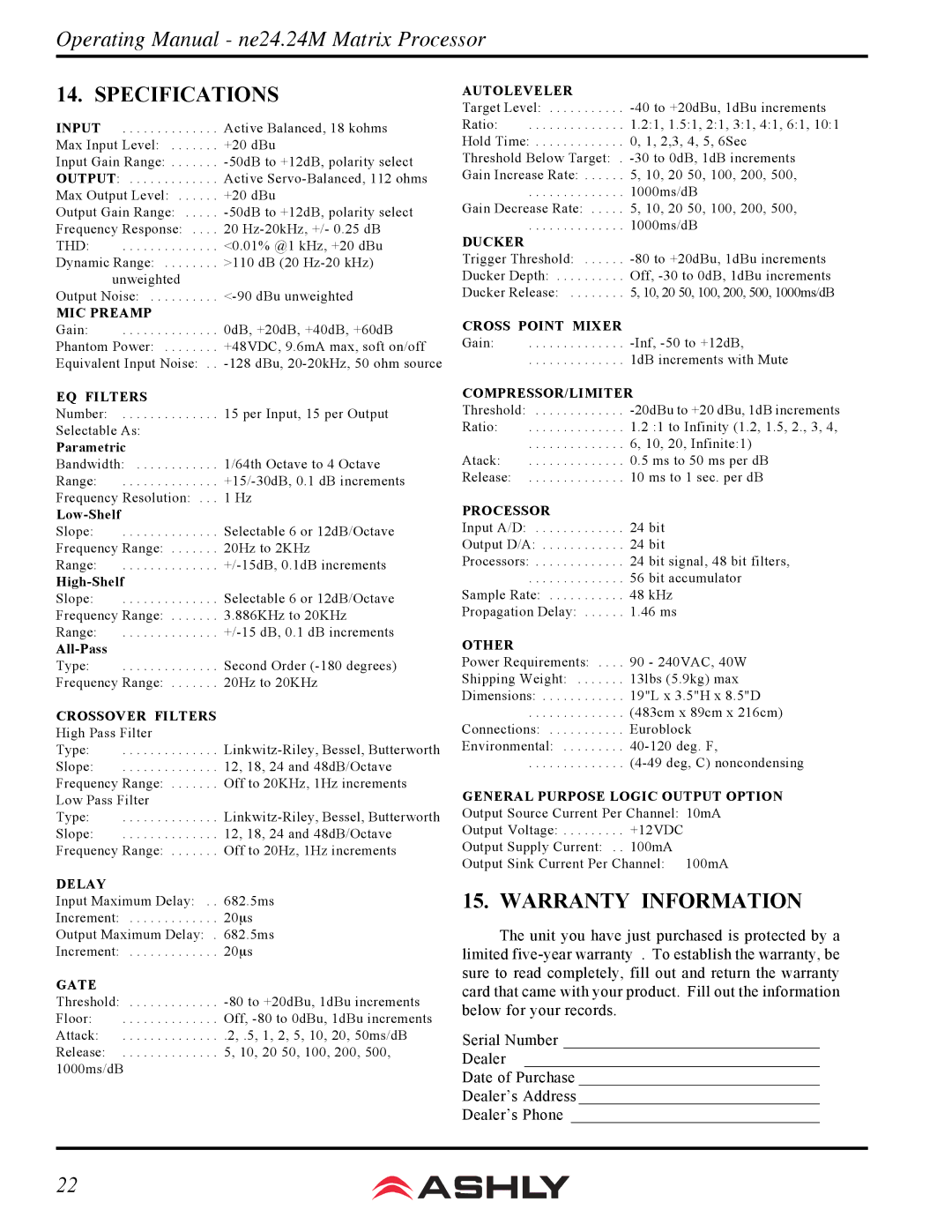 Ashly WR-5, WR-2, WR-1 manual Specifications, Warranty Information 