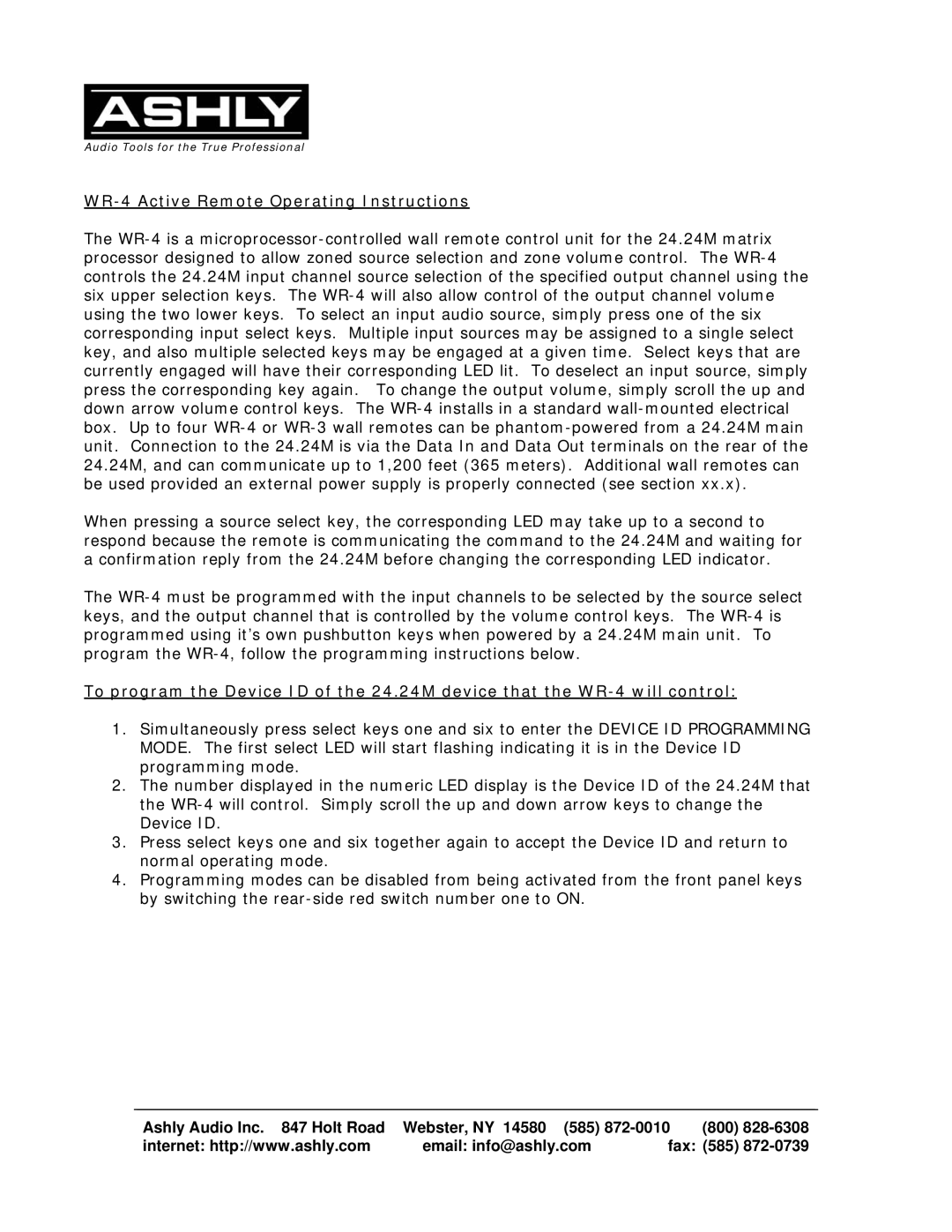 Ashly operating instructions WR-4 Active Remote Operating Instructions 