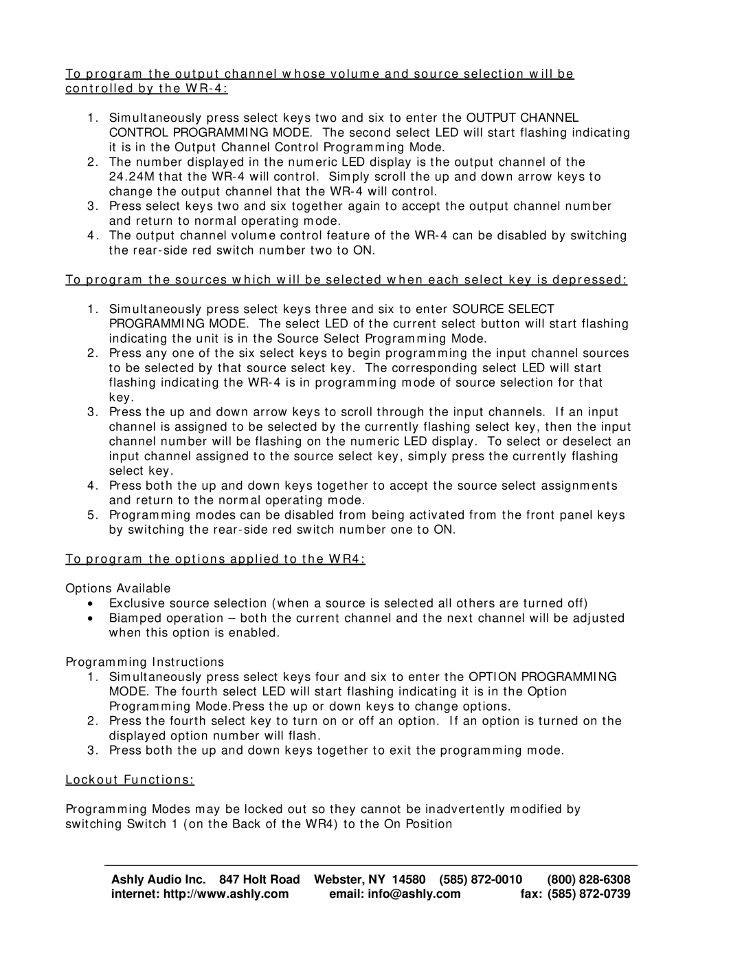 Ashly WR-4 operating instructions To program the options applied to the WR4, Lockout Functions 