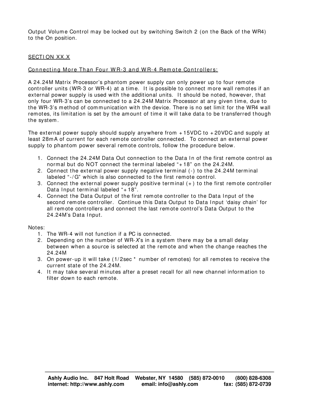 Ashly operating instructions Section, Connecting More Than Four WR-3 and WR-4 Remote Controllers 