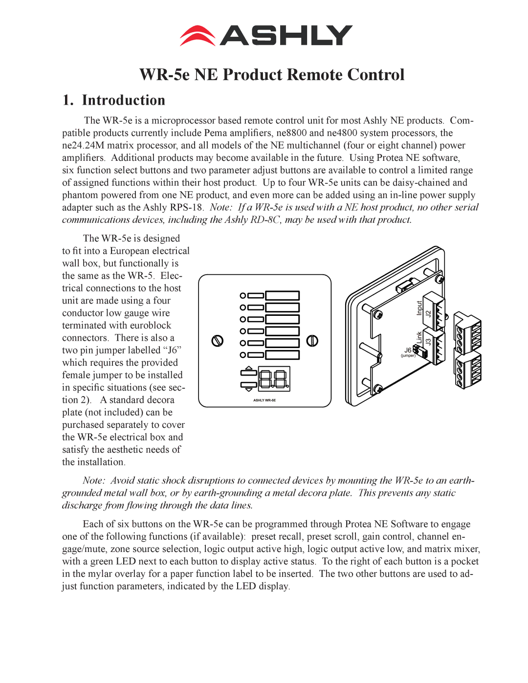 Ashly WR-5E manual WR-5e NE Product Remote Control, Introduction 