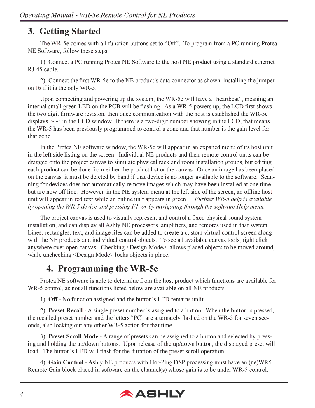 Ashly WR-5E manual Getting Started, Programming the WR-5e 