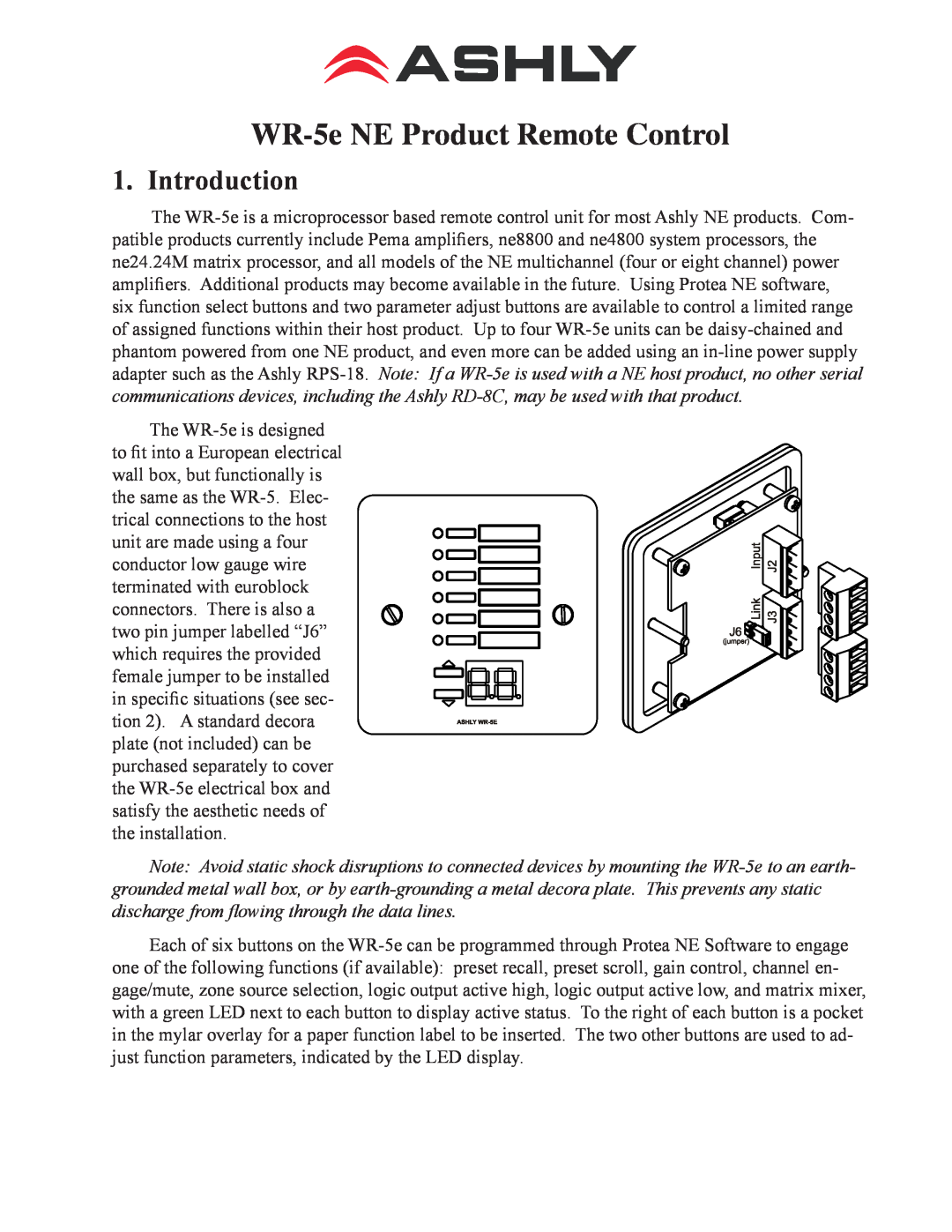 Ashly WR-5E manual Introduction, WR-5e NE Product Remote Control 