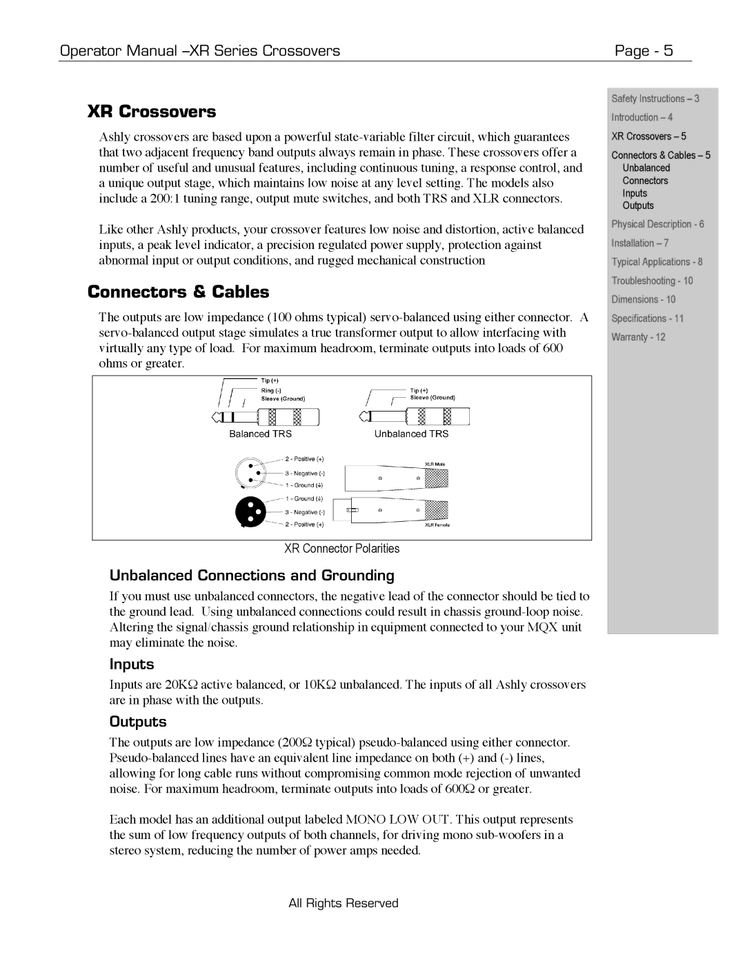 Ashly XR-4001, XR-2001, XR-1001 XR Crossovers, Connectors & Cables, Unbalanced Connections and Grounding, Inputs, Outputs 