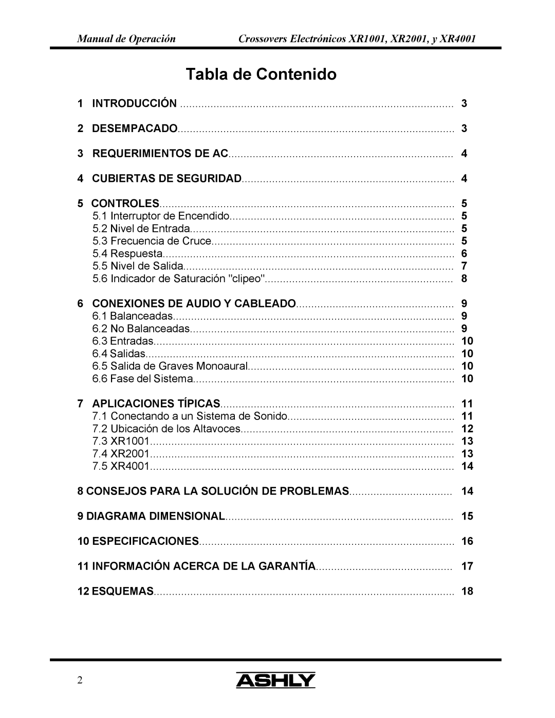 Ashly XR 1OO1, XR 4OO1, XR 2OO1 manual Tabla de Contenido 